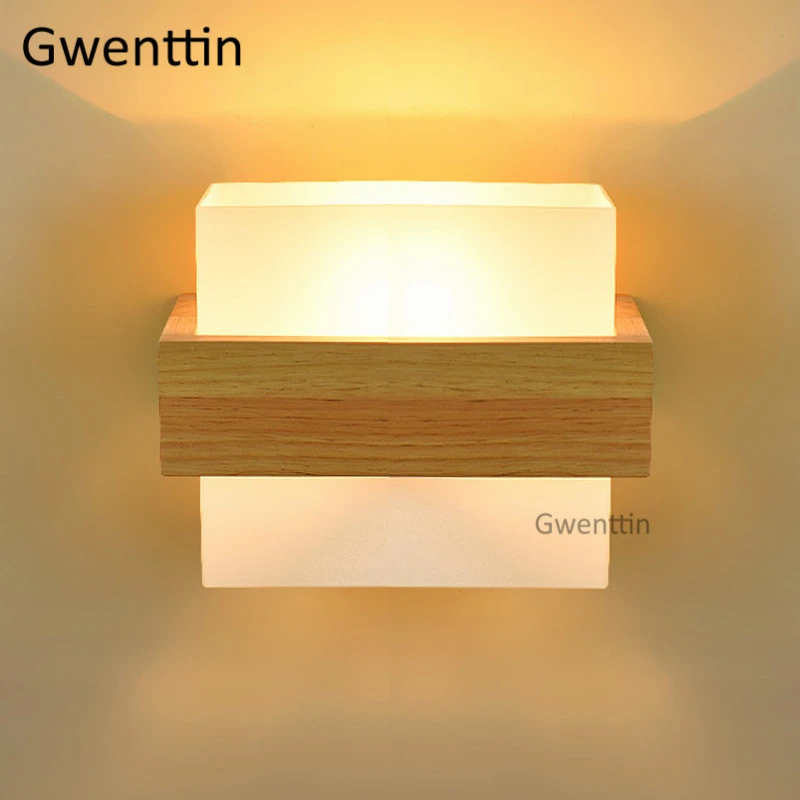 

Современная светодиодная настенная лампа E27 в скандинавском стиле, деревянный стеклянный зеркальный светильник для спальни, прикроватного...