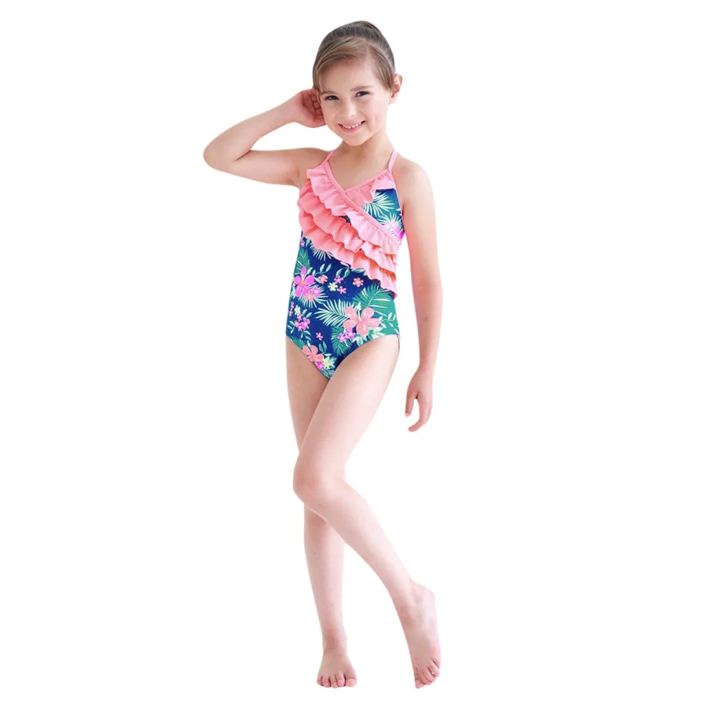 Купальник для маленьких девочек с оборками и цветочным принтом цельный