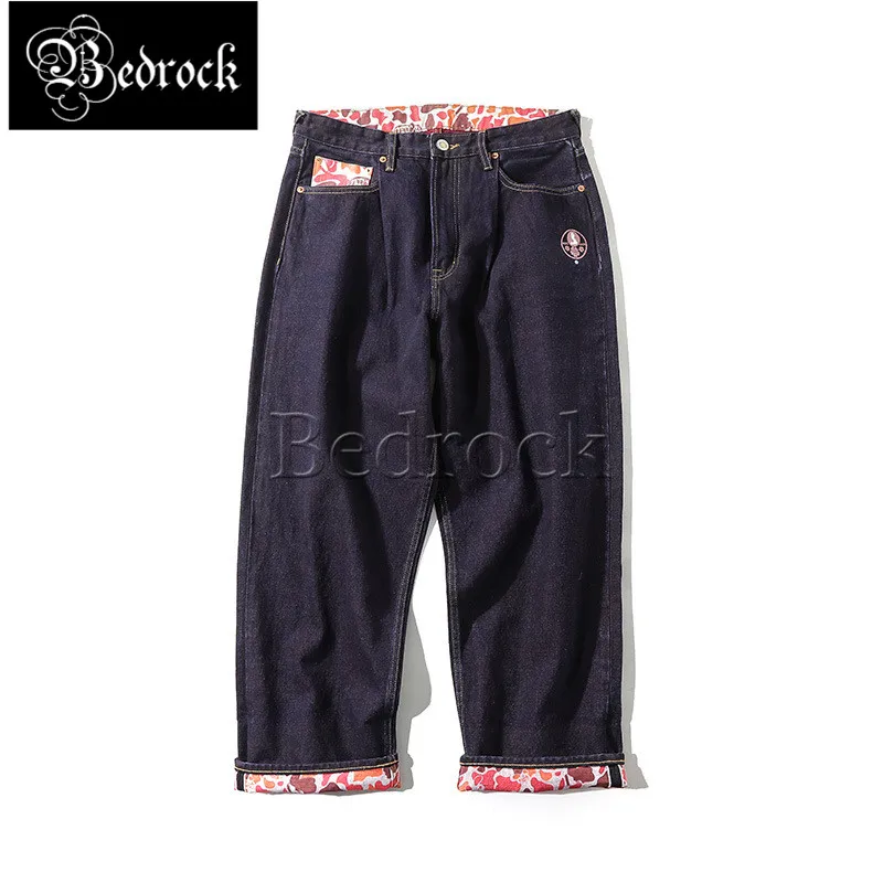 

MBB 15oz camouflage print wide-leg straight-leg jeans wash soft hip-hop trendy street loose red line denim jeans men 7297