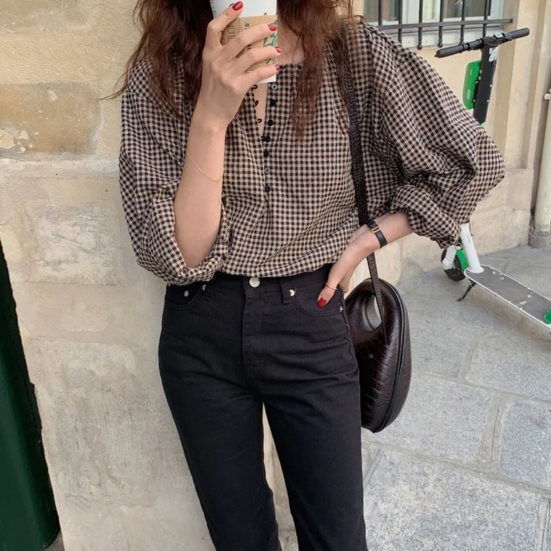 Блузки для женщин на пуговицах с принтом в клетку О-образным вырезом футболки