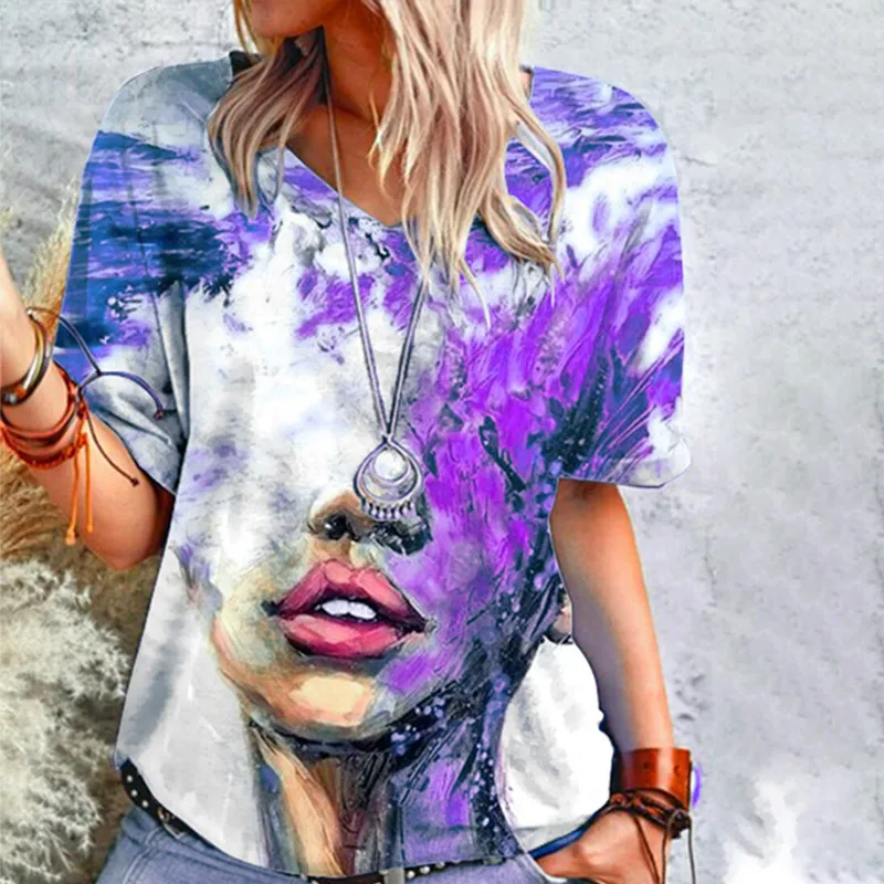 

2021 Summer Plus Size Printed Women's T-shirt Oversize V-neck Female T-shirts New Fashion Streetwear Ladies Top
