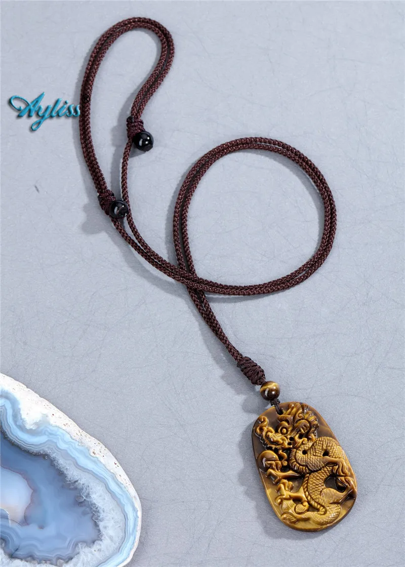 

Ayliss New Carved Dragon Pendant Natural Tiger's Eye Stone Dragon Pendant Necklace Adjustable Braided Rope Reiki Dragon Necklace
