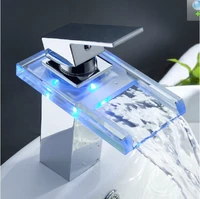 top grade led basin faucet brass waterfall temperature colors change bathroom mixer tap deck mounted wash sink glass taps