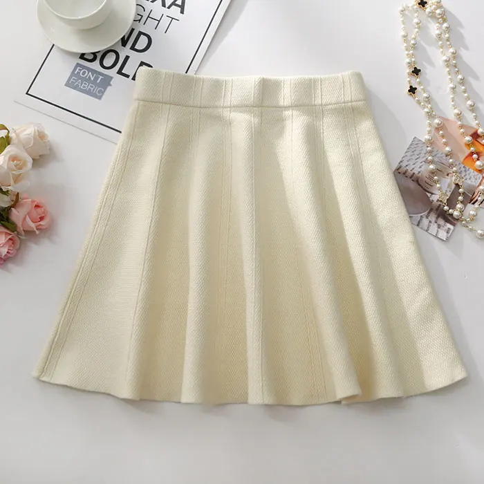 Бежевый TIGENA Warm Knitted Skirts Womens Autumn Winter Elastic High Waist Pleated Mini Skirt Female Black Khaki Gray Skirt Girls - Цвет: Бежевый