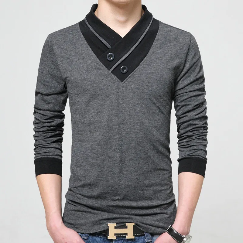 Футболки Heren Mode 2019 Nieuwe Lente Lange Mouw футболки Mannen Zwarte Knop Stand Kraag облегающие для фитнеса