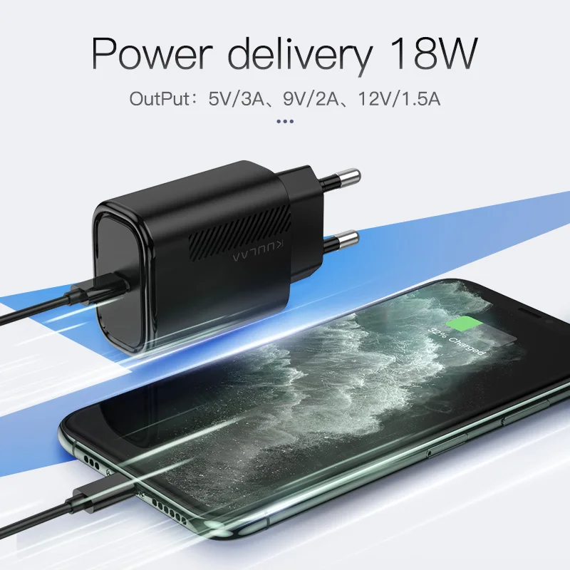 Зарядное устройство KUULAA USB Type C 18 Вт QC 4 0 черный/белый евро/американский/британский