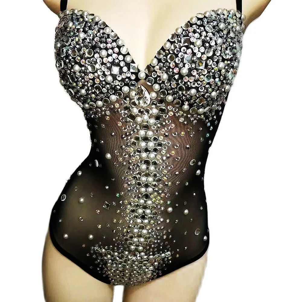 

Sparkling Rhinestones Pearl Black Mesh Gauze Sling Bodysuits Perspective Dance Wear Women Nightclub Performance Costumes