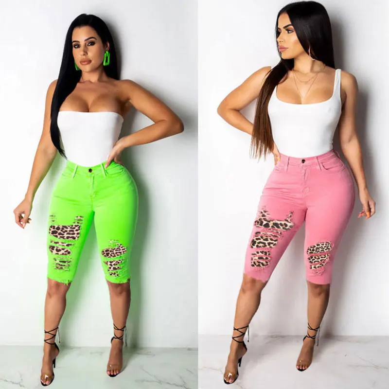 

2020 Leopard stitching Summer Pants Women High Waist Knee Length Jeans Pants Vintage High Street Denim Trousers joggers women