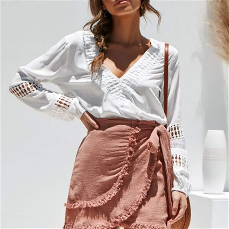 Wenyujh Women's Deep V Neck Long Sleeve Solid Shirts Female Spring Autumn Loose Top Sexy Hollow Out Lantern Sleeve Blouse