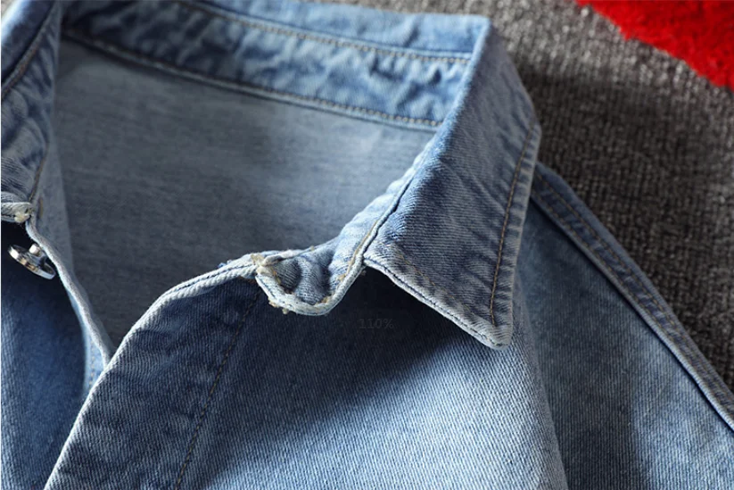 Denim Shirt Men Embroidery Solid Color Pocket Long Sleeve Shirts Male Fashion Sports Loose Plus Size Blouse New Arrival | Мужская одежда