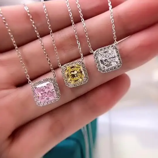 

2021 new S925 silver necklace inlaid 5A zircon 7*7 crushed ice cut pendant set female jewelry wholesale