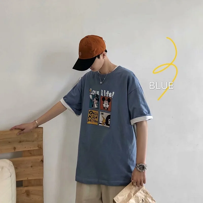 Disney Men T-shirt Summer Fashion Cartoon Mickey Anime Printed Short Sleeve Casual All Match Middle Top External Wear | Мужская одежда