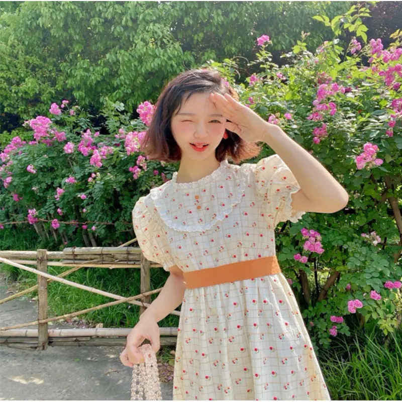 

Summer Cute Puff Sleeve Plaid Floral Long Dress Thin Flounced Skirt Fresh Comfortable Woman Lady Temperament Age Rduction