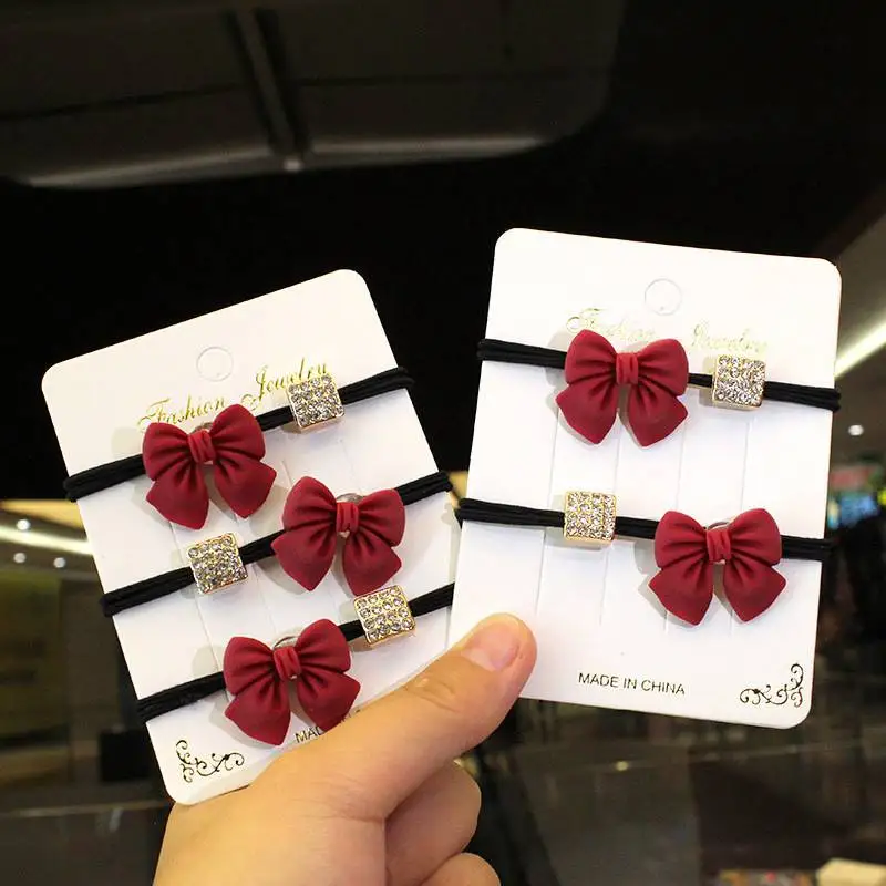 

5 PCS Fad Red Bow Hair Circle Diamond Block Stretchy Hair Bobbles Girls Hairbands Ponytail