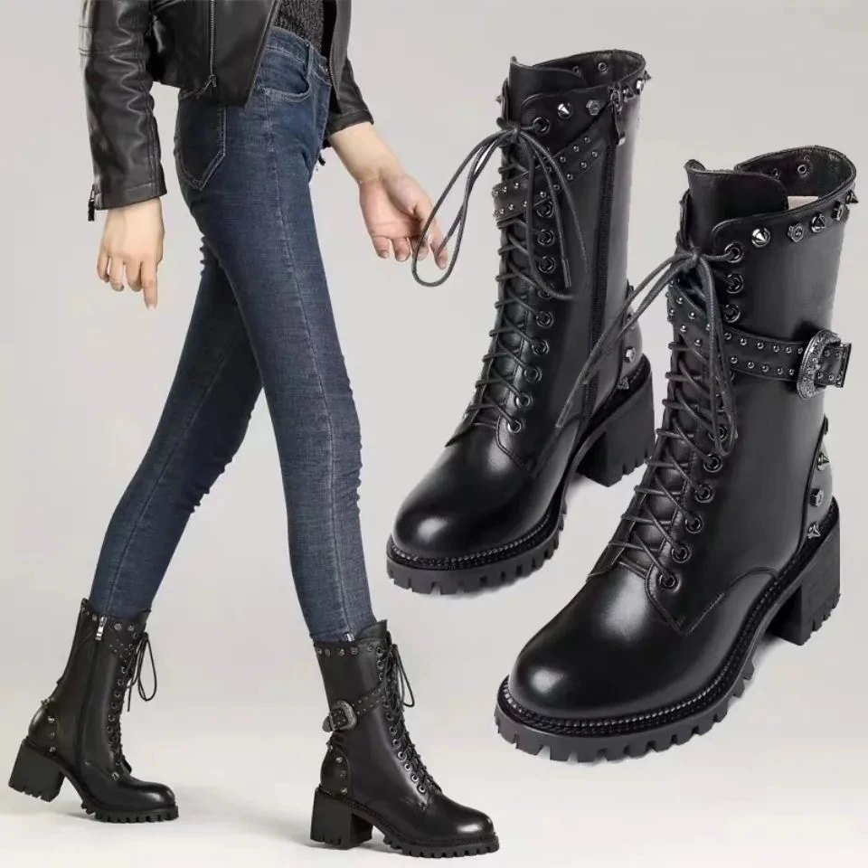 

Metallic Gothic Boots Woman High Heels Chunky Shoes Casual Lace Up Zippers Closure Punk Boots Fashion Design Rivet High Boots