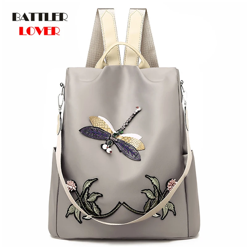

Lady Waterproof Oxford Backpack for Women 2021 Zipper School Bags Girls Flower 3D Dragonfly Embroidery Back Pack Female Rucksack