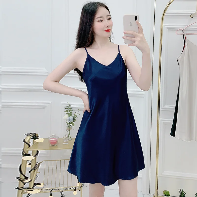 

Women Spaghetti Strap Satin Nightdress Summer Silky Nightgown Sexy Sleevless Sleepwear Female Loose Nightwear Home Wear