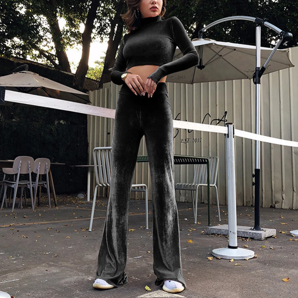 

2020 Fashion Women Turtle Neck Sweatshirt Crop Top Wide Leg Long Pants Tracksuit