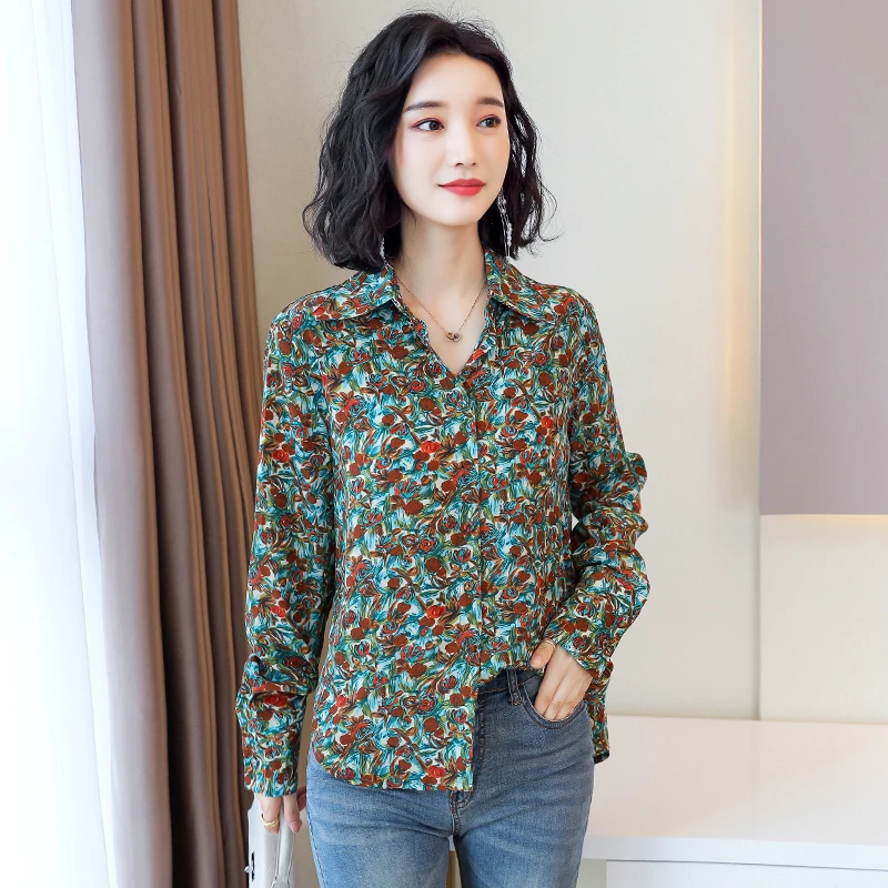 

Ladies casual spring style Floral Print Shirt Women Loose Casual Pink Black Turn-down Collar Blouse Casual Top Blouse