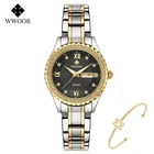Часы наручные WWOOR женские кварцевые со стразами, роскошные золотистые водонепроницаемые светящиеся, с браслетом, 2021
