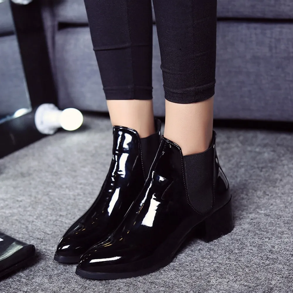 SAGACE Women Boots Fashion Autumn Winter Elasticated Patent Leather Pointed Low Heel Ladies Ankle Short Boot #45 | Обувь