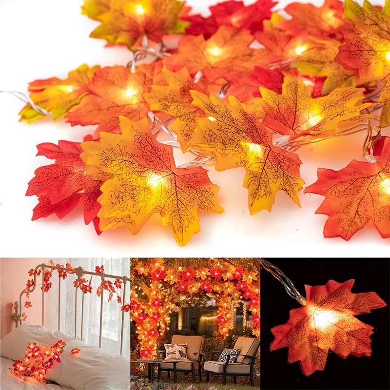 

2M 10LED Artificial Autumn Maple Leaves Garland LED Fairy Lights For Christmas Decoration Thanksgiving Party DIY Halloween Decor