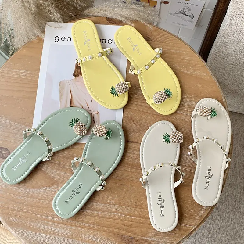 

Sexy Women Slipper Pineapple Pearl Flat Toe Bohemian Casual Shoes Beach Sandals Ladies Shoes Platform Sandalias 2020 New Summer