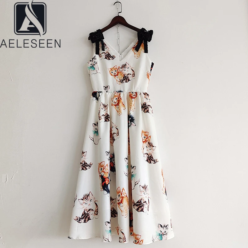 

AELESEEN Designer Fashion Summer Dress Women Sleeveless V-Neck Lovely Cat Print Beading Diamonds Bow Elegant Party Long Dress