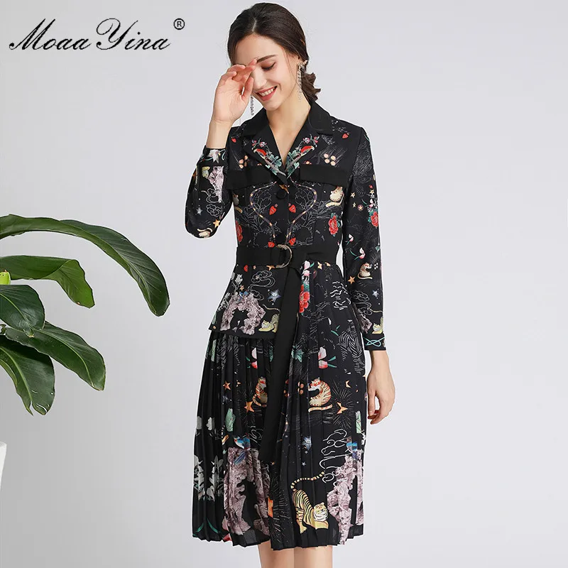 MoaaYina Fashion Designer dress Spring Autumn Women's Dress Long sleeve Lace-Up Print Elegant high quality Dresses | Женская одежда