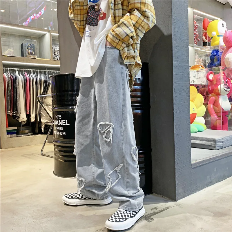

High Street Men Casual Harlan Jeans Blue Love Patch Denim Men's Trousers New Spring Autumn Hip Hop Loose Jeans 3XL Baggy Jeans