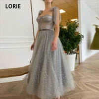 lorie silver prom dresses 2022 sweetheart gliiter arabic evening gown tea length adjustable straps belt wedding party dress