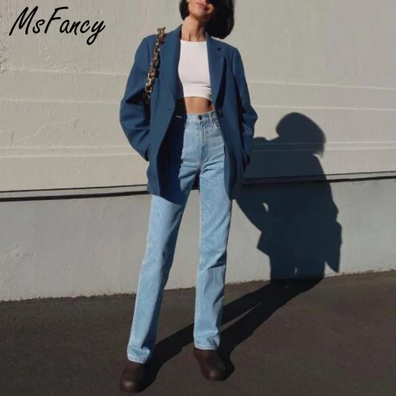 Осенний синий шерстяной Блейзер Msfancy женская мода на одной пуговице официальный