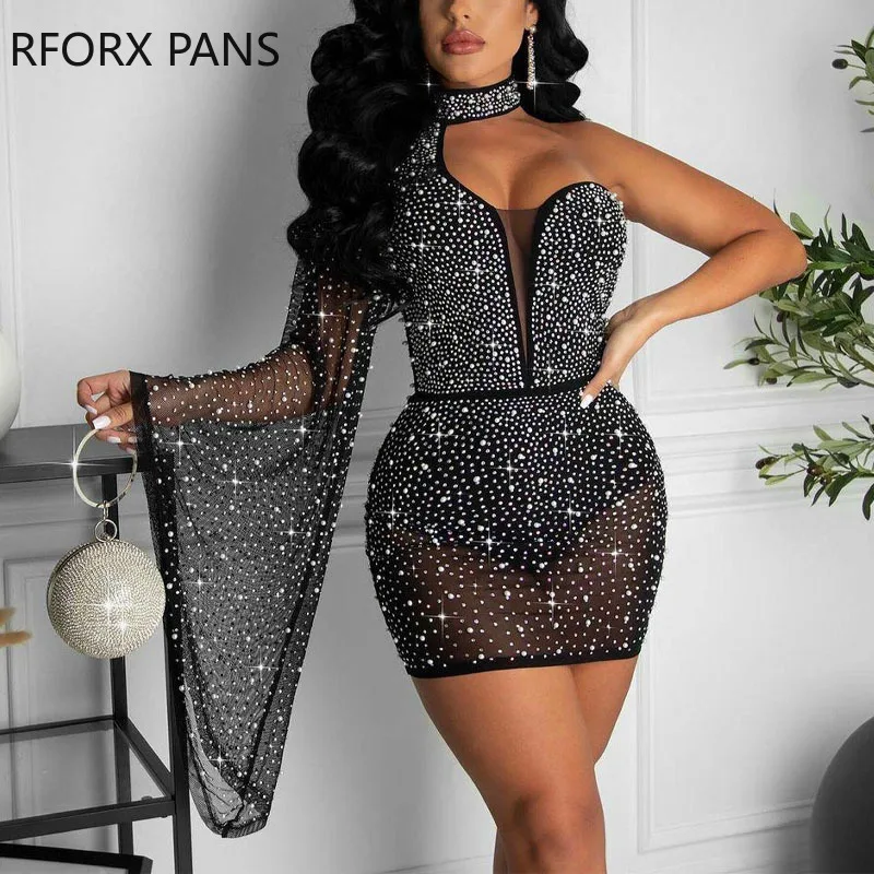 

Women Chic Mesh Patchwork Long Flared Sleeves Rhinestone Halter Mini Party Sexy Dress