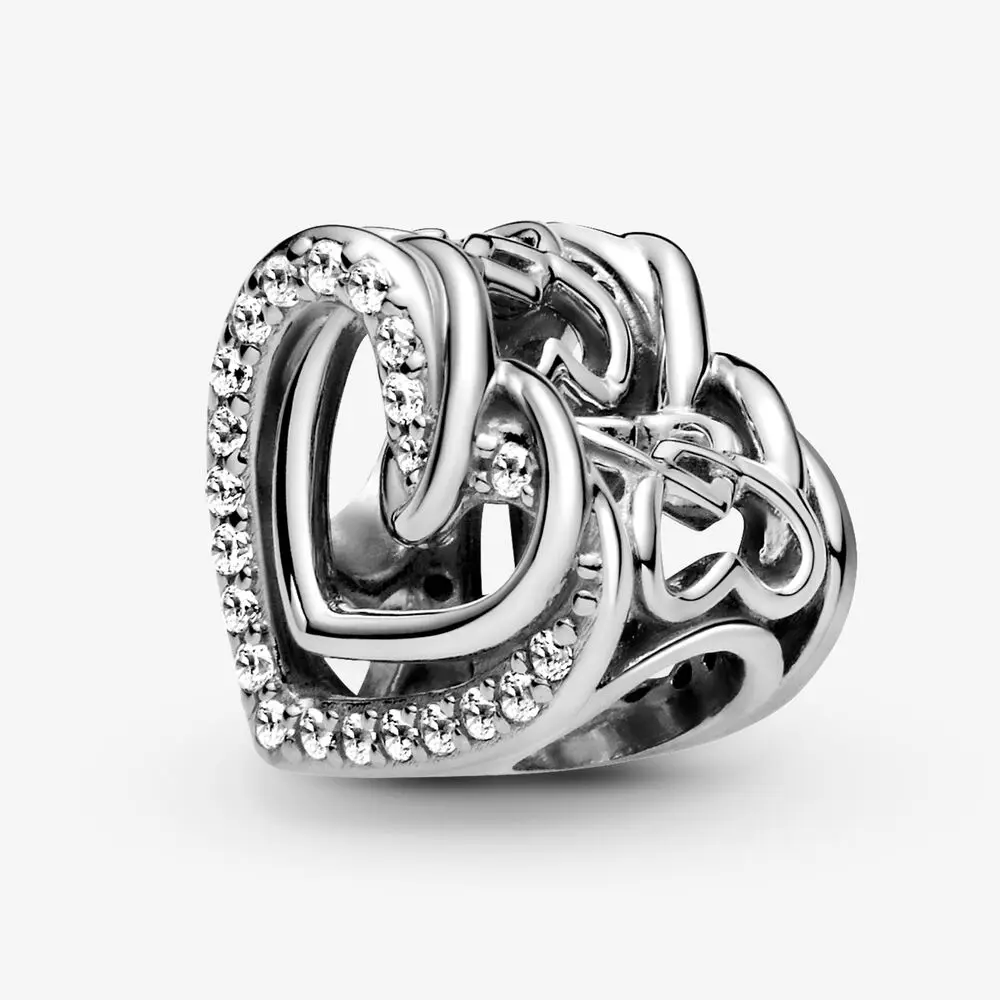 

Hot 925 Sterling Silver Beads Sparkling Entwined Hearts Charm Fit Original Pandora Bracelet Women DIY Jewelry Gift