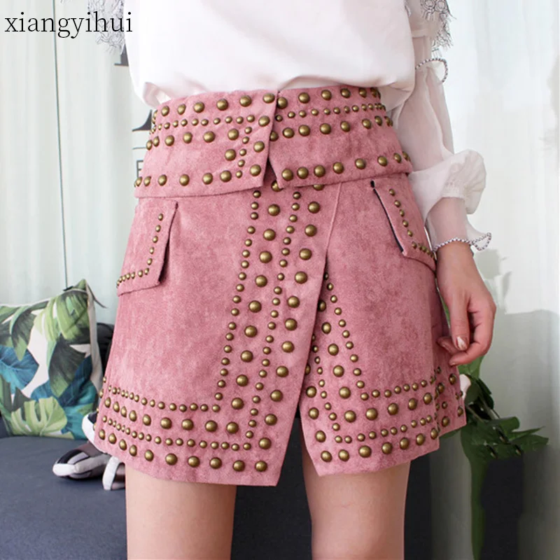 

Heavy Design Pink Black Color Women Fashion Rivet Asymmetric Skirt 2020 New Female High Waist Irregular Skirt Culottes Bottom