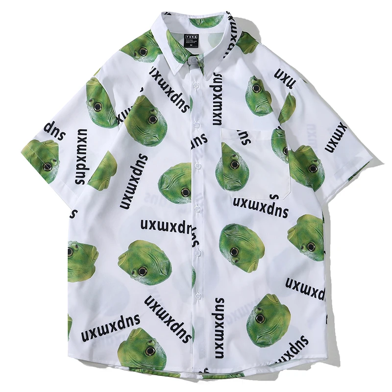 Harajuku Hawaii Shirt Hip Hop Streetwear Funny Ugly Fish Head Print Beach Shirt Men Summer Short Sleeve Casual Fashion Clothing