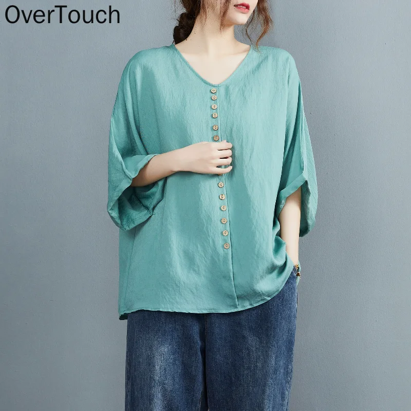 

2021 Summer Plus Size Women T-shirt Linen Bat Sleeves Solid V-Neck Loose Casual Buttons Tops Large New Oversize Tees