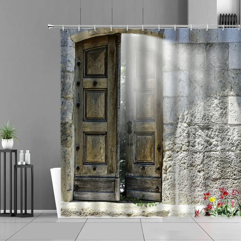 

Retro Vintage Old Wooden Door Shower Curtains Wood Grain Bathroom Decor Waterproof Hanging Curtain Home Decoration With Hooks