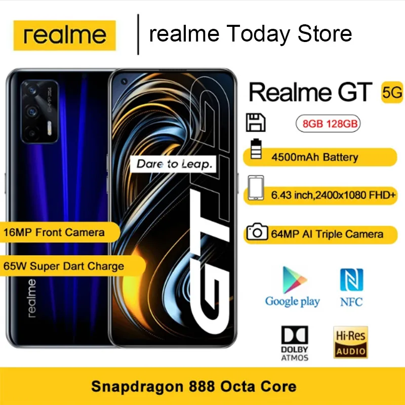

realme GT 5G smart phone Google Play Store Snapdragon 888 65W Fast Charge 120Hz 6.43" Super AMOLED 8GB/128GB NFC AI HDR Phone