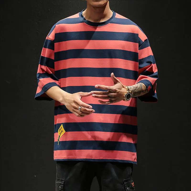 

Hip-hop Casual Oversized Fashion T-shirt Blue Summer Streetwear Harajuku T Shirt Male Cotton Short Sleeve Stripe Fitness Tee Men