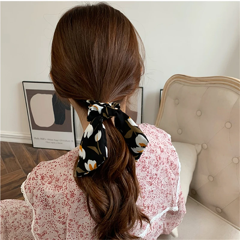 

AOMU French Handmade Romantic Colorful Silk Flower Geometric Irregular Long Headband Sweet Smooth Tulip Hair Rope for Women