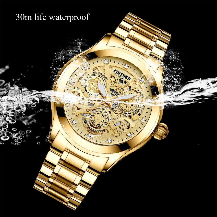 Мужские автоматические механические часы KINYUED с автоподзаводом светящиеся