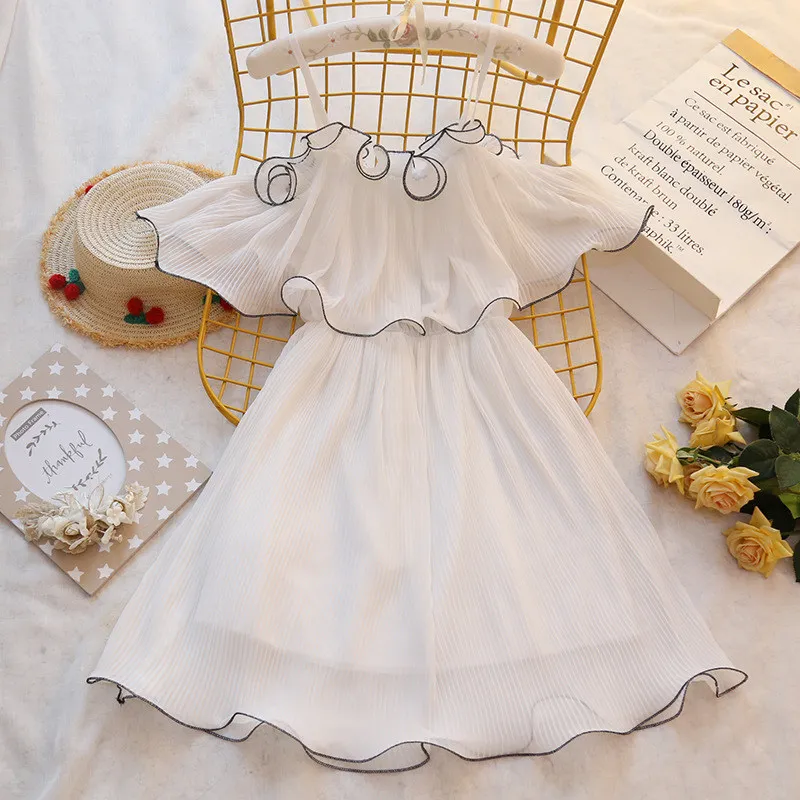 

Chiffon Dress For Women 2021 Summer New Fashion Elegant Fresh Slash Neck Strap Folds Lace Ruffled Dresses Female LR1170