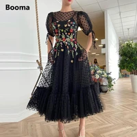 black polka dotted tulle evening dresses short sleeves appliques flowers a line prom dresses tea length wedding party dresses