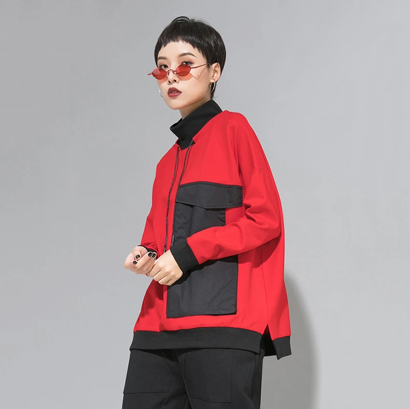

[EAM] Women Big Pocket Contrast Color Split Big Size T-shirt New High Collar Long Sleeve Fashion Tide Spring Autumn 2021 1D095