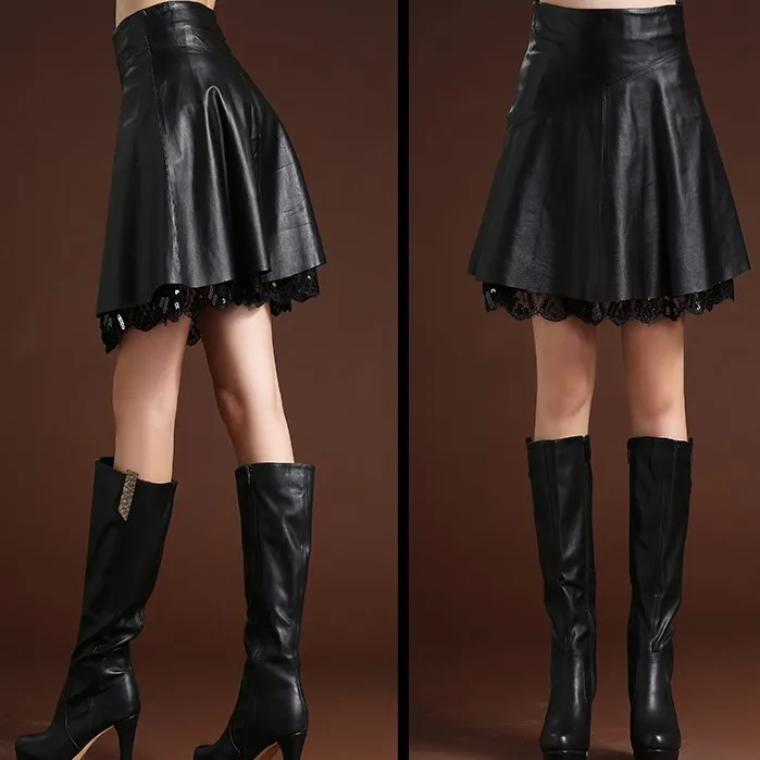 

2019 Autumn and winter new leather skirt high waist lace big pleated skirt mid-length large size PU skirt