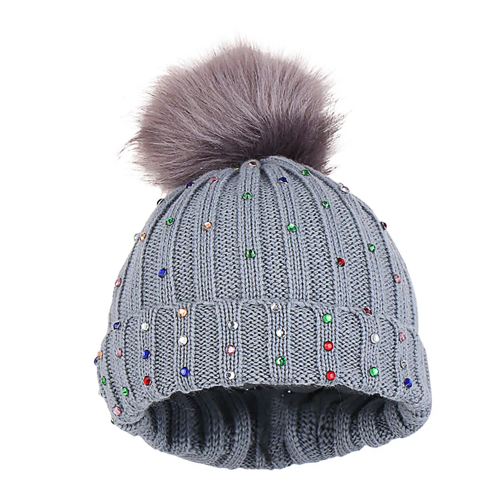 Детская вязаная шерстяная шапка с подшивкой теплая зимняя шапка-стразы помпоном