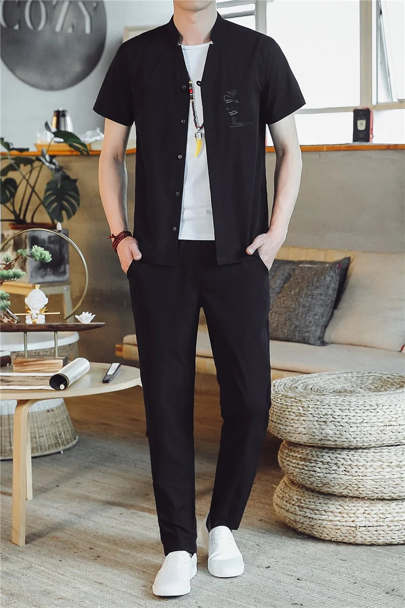 

(Shirt + trousers) 2021 summer men shirt Man comfortable shirts short sleeves men's fashion casual shirts men size M to 5XL