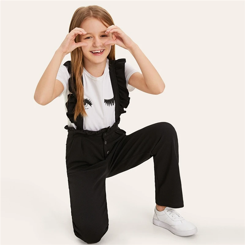 SHEIN Kiddie/черные однотонные брюки на пуговицах, возможность носить с брюками с рюшами на бретелях, детские штаны г., Осенние прямые длинные штаны для подростков