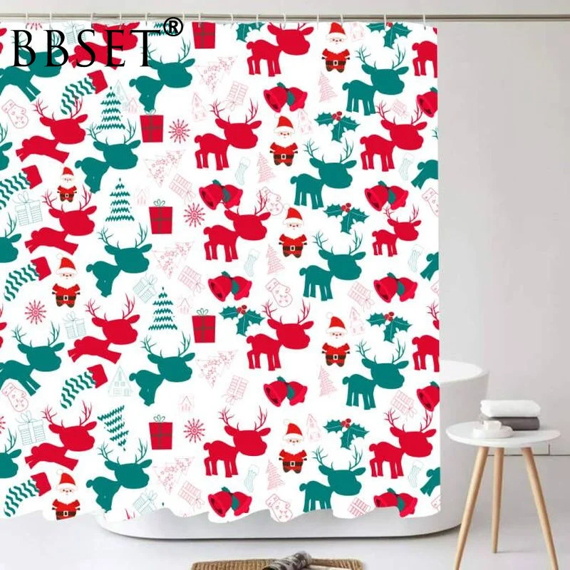 

Christmas Theme Shower Curtain Cartoon Santa and Elk Pattern Waterproof Multi-size Douchegordijn Bathroom Decor with 12 Hooks